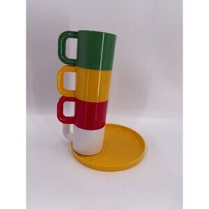 Vintage Ingrid of Chicago Multicolored Melamine 4 Cups 1 Yellow Plate  EUC
